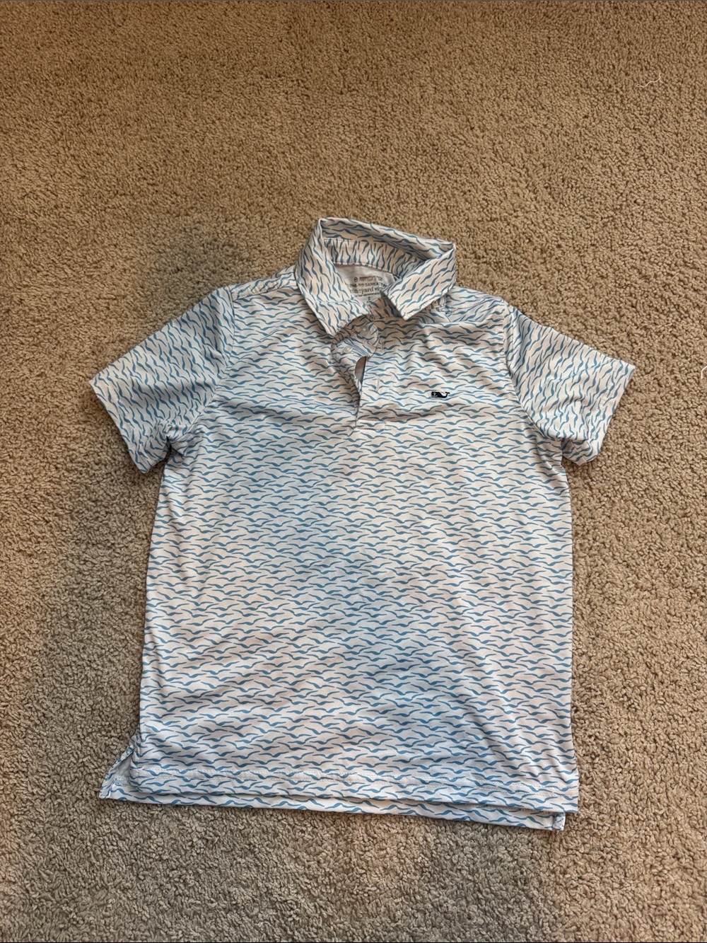 Vineyard Vines Boys White Polo with Light Blue bird Print Small (8-10)